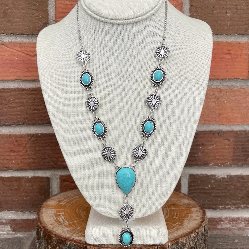 Faux Turquoise Concho & Sunburst Lariat Necklace - Picture 2 of 4